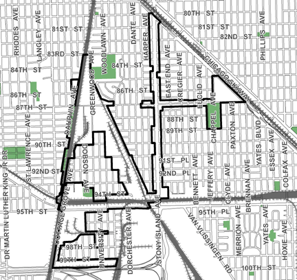 Stony Island/Burnside TIF district, roughly bounded on the north by 80th Street, 100th Street on the south, the Chicago Skyway at Brennan Avenue on the east, and Dauphin and Cottage Grove avenues on the west.